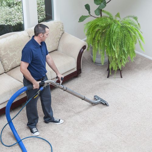 Man cleaning carpets in home