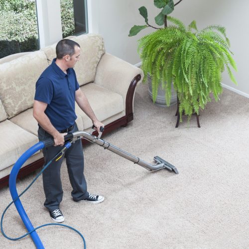Man cleaning carpets in home